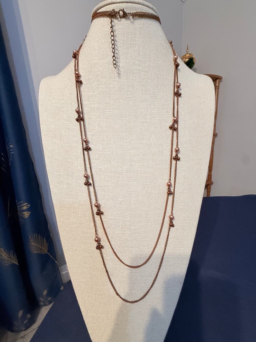 Vintage Copper Tone Long Station Necklace 40”